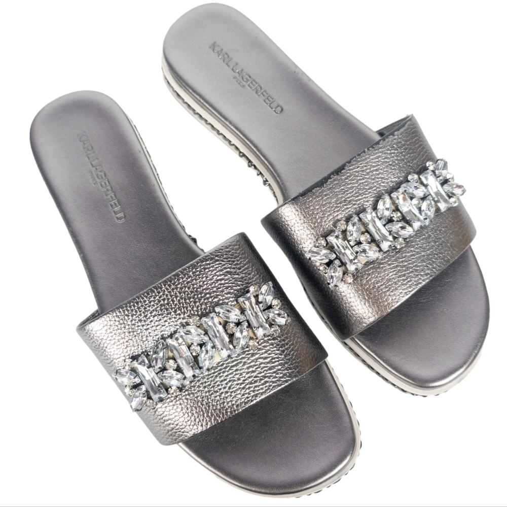 Karl Lagerfeld Paris Bijou Embellished Slide Sandal Silver - Picture 4 of 5
